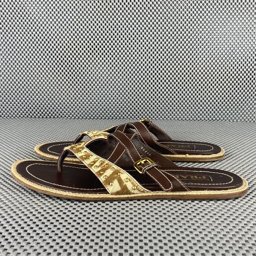 Vintage Prada Sandals Womens 37.5 Brown Leather Thong Sandals Made in Italy - Picture 3 of 12
